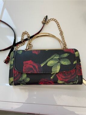 Black Floral Rose Print Crossbody Bag with Gold Chain